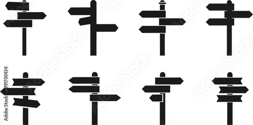 Set of black directional signs on white background for navigation