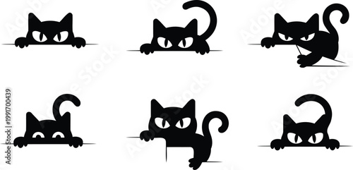 Set of black cat silhouettes in different playful poses and expressions on white background