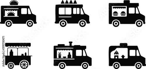 Six different food trucks serving various cuisisine on white background