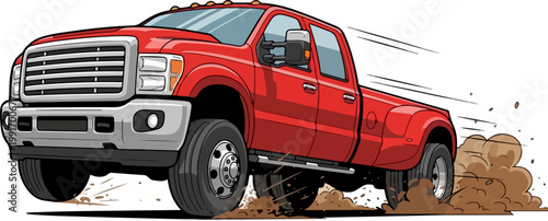 Red pickup truck vector illustration, heavy duty dually diesel truck driving fast through mud, powerful 4x4 off-road vehicle with motion lines