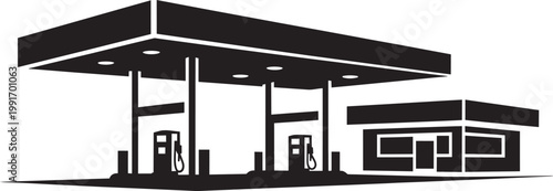 Gas station with 2 fuel pumps and small convenience store building in flat black vector style