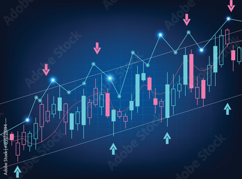 Professional stock illustration upward trending candlestick chart and line graph within a parallel channel, showcasing bullish market analysis, financial growth, and technical data trading