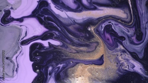 Modern Abstract Acrylic Flow Texture in Purple, Cream and Golden Metallic Finish, acrylic paint in motion