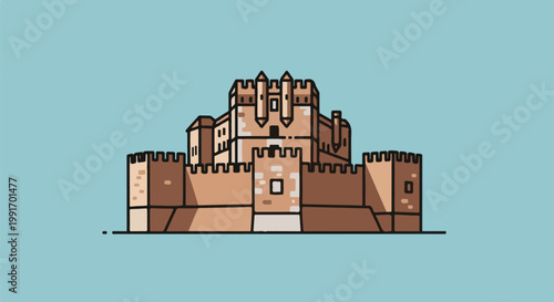 Stylized medieval castle with crenellated walls against a blue sky