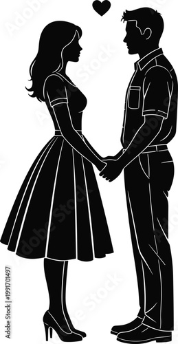 Romantic Couple Standing Face to Face Holding Hands with Heart Symbol Black Silhouette Vector Illustration