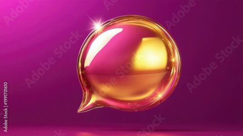 Golden speech bubble glittering on pink background. Glossy message icon for chat, text and social media marketing promotions, greetings and holiday advertising.