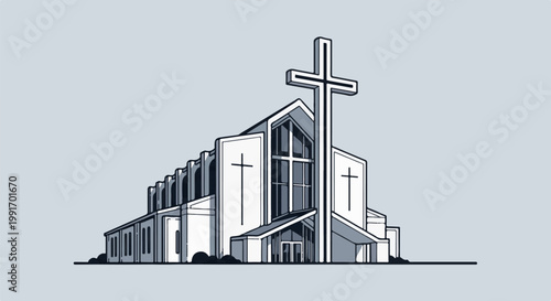 Stylized, modern church with a large prominent cross and arched windows