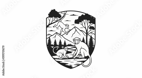 Stylized monkeys explore a wild mountain landscape with trees and water