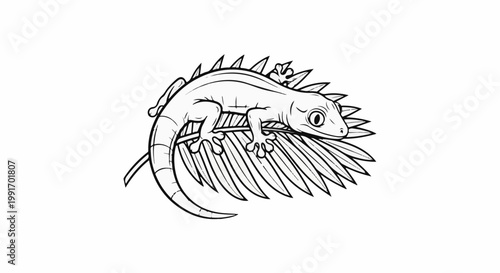 Stylized line art of a lizard perched on a leafy frond, with spiked detailing