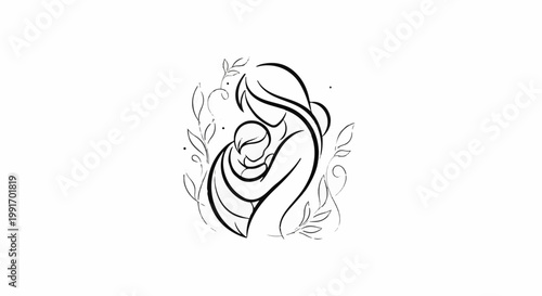 Stylized line art of a mother holding her baby, surrounded by leaves
