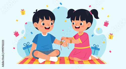 Cartoon illustration of a young girl tying a rakhi on her brothers wrist.