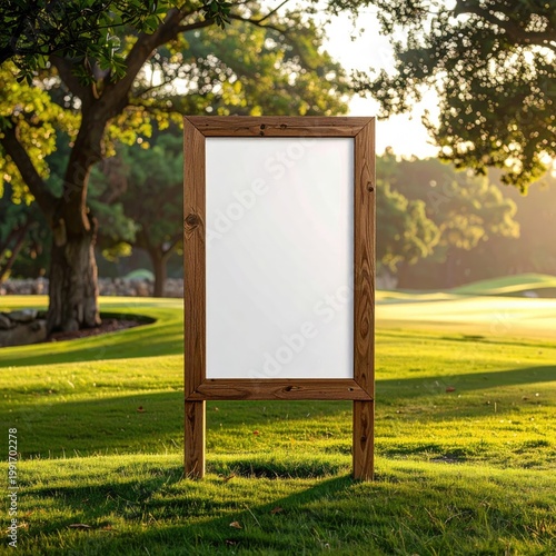 Wooden sign with white space in a sunny park setting