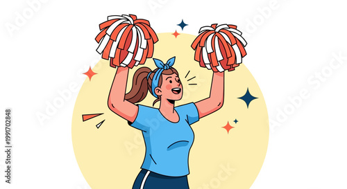 Energetic female cheerleader with pom poms cheering enthusiastically.