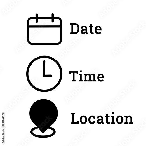 Date, time, and location icon set for scheduling and events
