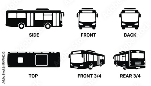 City Bus Vehicle Blueprint Set with Front Side Back Top and 3D Perspective Views