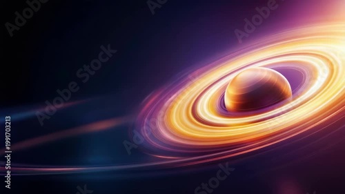 Cosmic planet with rings of light abstract space scene, future inspiration wallpaper concept. Galaxy background with vibrant luminous trails for banner and presentation slide.