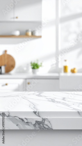 Marble surface blurred into a bright kitchen backdrop