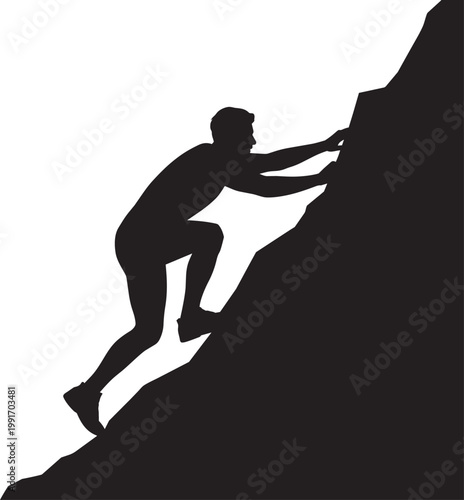Silhouette of a man climbing up a steep mountain rock face with effort and determination