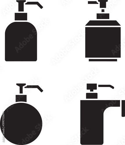 Soap dispenser icons 4 collection showing various shapes for liquid soap or hand sanitizer