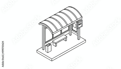 Isometric Bus Stop Shelter Vector Icon Outline Illustration