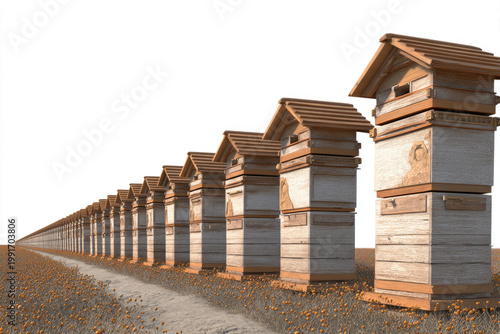 A row of wooden hives in a field on a light background. Space for text.