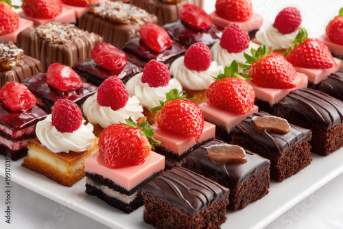 Assorted cakes with strawberries, raspberries and chocolate icing.