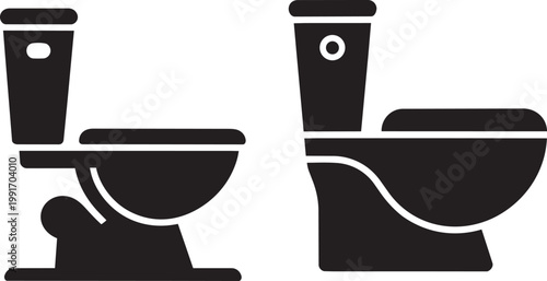 Toilet bowl icons with 2 different commode styles in side view as solid black silhouettes