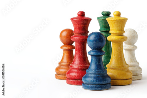 Colorful wooden chess pieces on a white background. Space for text.
