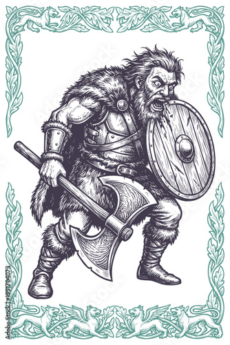 A furious Viking berserker biting his shield in a rage, holding a battle axe. Vector fantasy character in a decorative frame with a Norse ornament.