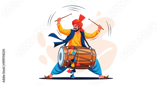 Punjabi Man Playing Traditional Dhol Drum Illustration.