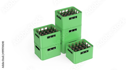 Green crates with beer bottles on white background