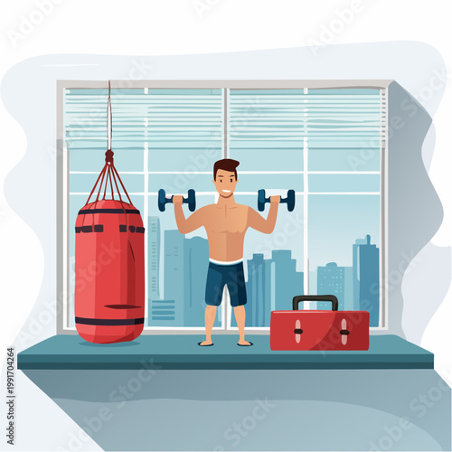 Man lifting dumbbells in home gym with punching bag and city view