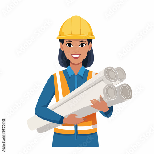Female architect or engineer holding blueprints on white background