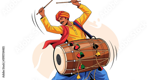 Indian man playing traditional dhol drum in cultural attire.