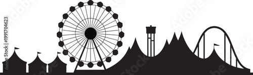 Amusement park skyline with 1 ferris wheel, roller coaster, and carnival tents black silhouette