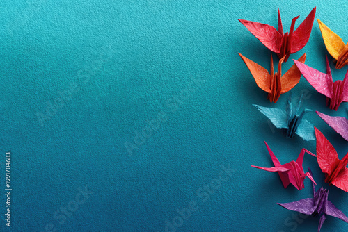 Colorful origami birds on a turquoise background. Space for text.