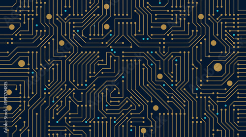 A complex circuit board pattern with gold lines and dots on a dark blue background