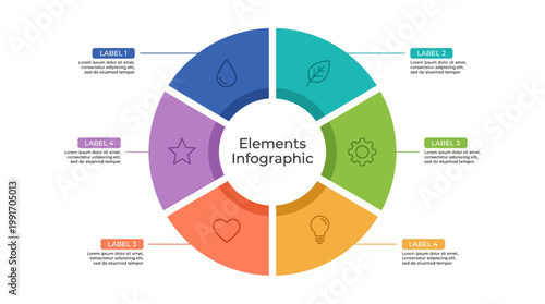 A colorful infographic template with six sections and various icons