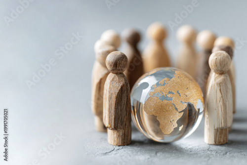 Wooden figures of people around a glass globe with a golden map of the world. Space for text.