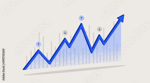 A blue line graph showing an overall upward trend with various data points and arrows indicating growth and fluctuations.