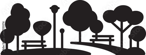 City park landscape silhouette with 2 benches and street lamps among trees, minimalist vector