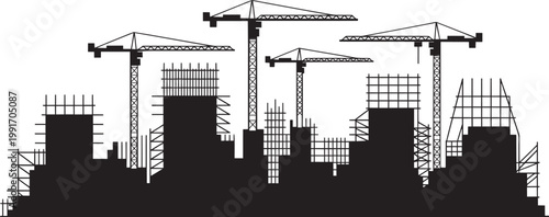 City skyline construction site silhouette with 4 tower cranes and unfinished building frames