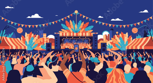 Vibrant festival crowd enjoying outdoor music event at night