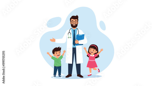 Professional male doctor in a white coat stands with two happy young children who are celebrating their good health in a medical clinic office.