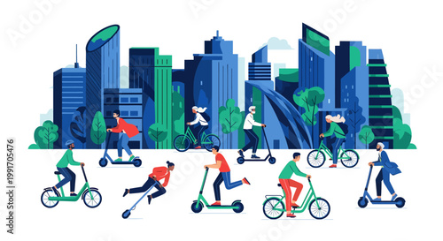 City dwellers commuting on scooters and bicycles in urban landscape