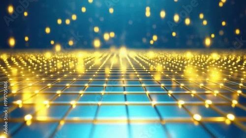 Futuristic glowing grid with abstract golden particles on blue background