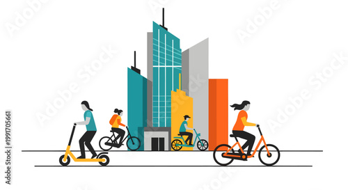 People riding bicycles and scooters in city urban landscape