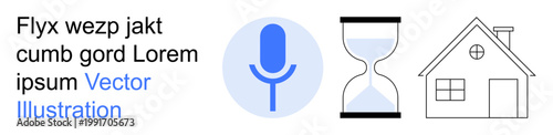 Voice technology, time tracking, smart living, home automation, productivity, communication. Microphone, hourglass and house line drawings. Voice technology and time tracking visually