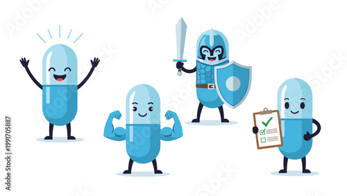 Diverse group of cartoon capsule characters includes a strong pill a brave knight and a medical professional for health and supplement themes.