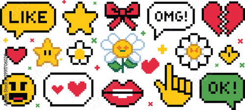 Set of colorful pixel art vector icons including speech bubbles hearts stars and social media emojis for retro gaming stickers and digital interface